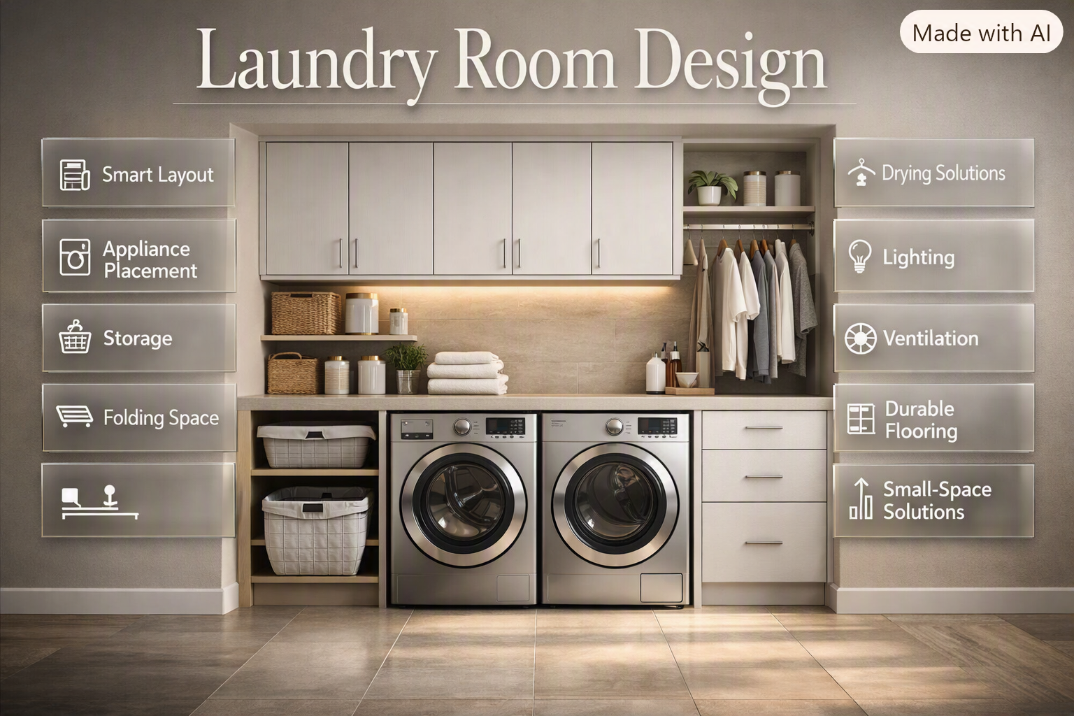 Modern laundry room design with washer dryer, storage cabinets, folding counter, lighting, and organized laundry solutions Laundry Room Design Ideas for a Functional Modern Space