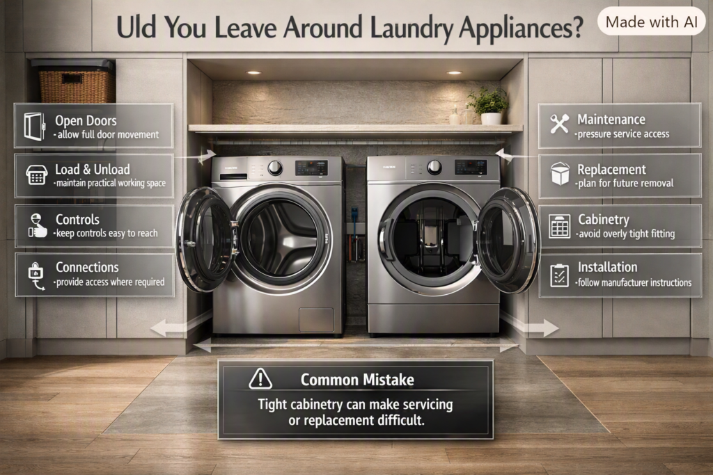 Laundry appliance clearance guide showing washer and dryer access, connections, maintenance space, and safe cabinet planning