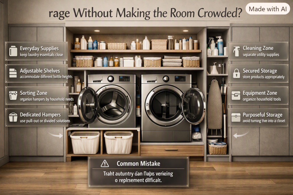 Smart laundry room storage with organized supplies, hampers, cleaning products, ironing tools, and dedicated household equipment zones