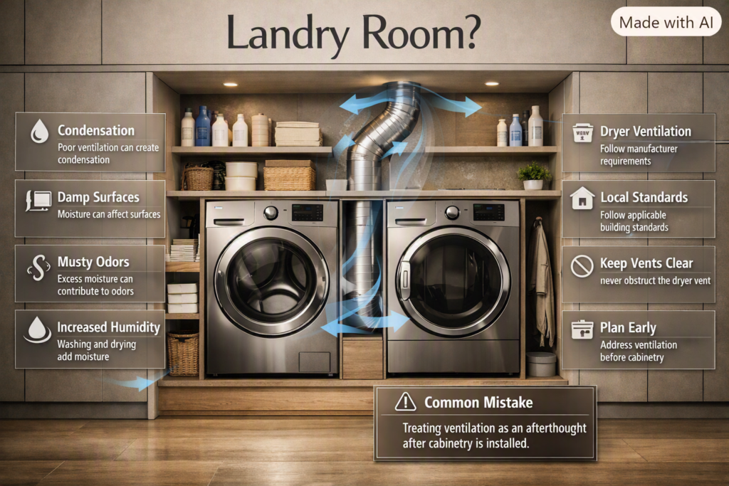 Laundry room ventilation design showing dryer venting, airflow, moisture control, condensation prevention, and proper planning