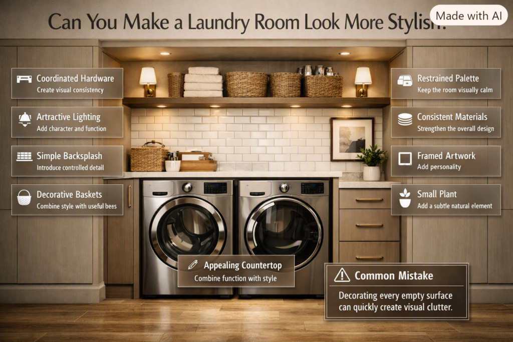 Stylish laundry room with coordinated cabinets, decorative baskets, backsplash, modern lighting, artwork, and restrained decor