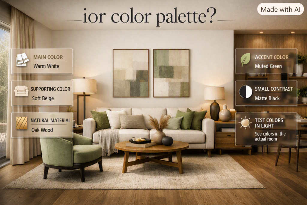 Interior color palette showing warm white walls, beige furnishings, oak wood, muted green accents, and matte black details.