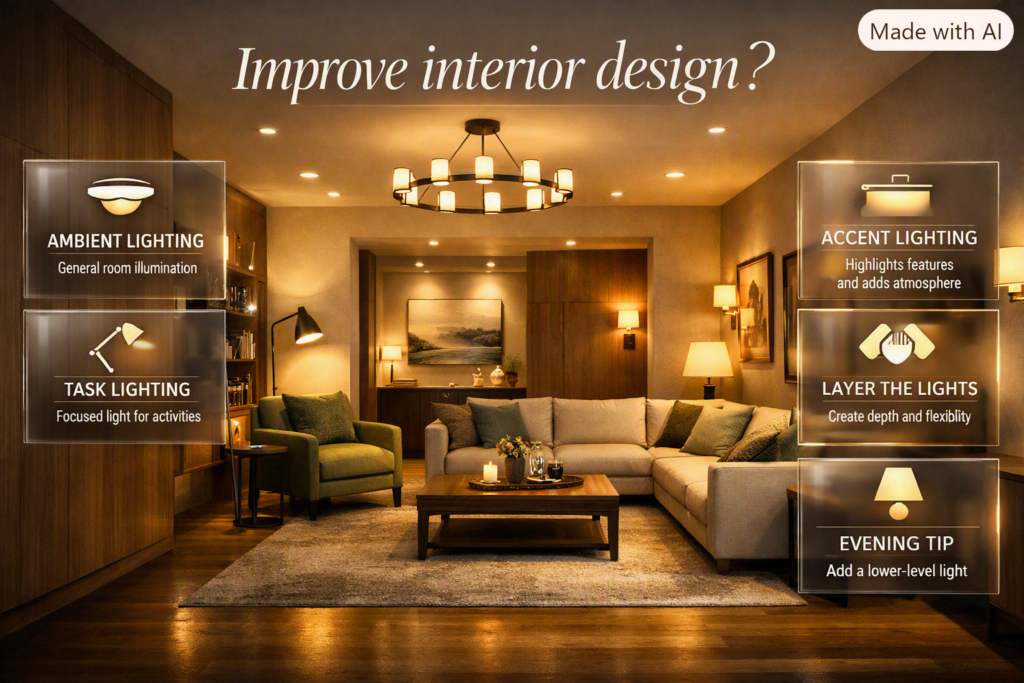 Layered interior lighting using ambient, task, and accent lights to create depth, flexibility, and a comfortable room atmosphere.