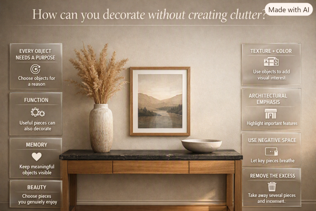 Minimal home decor using three purposeful objects, varied heights, and negative space to create a calm, balanced interior.