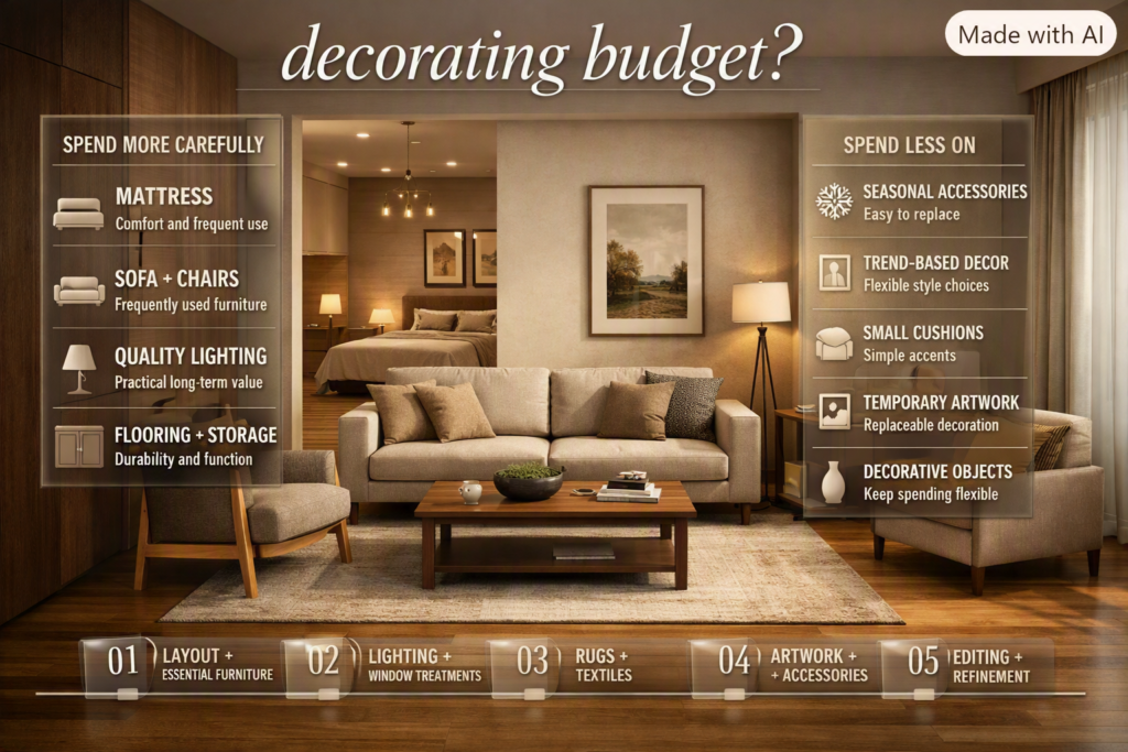 Smart decorating budget showing priorities for furniture, lighting, flooring, storage, textiles, artwork, and accessories.