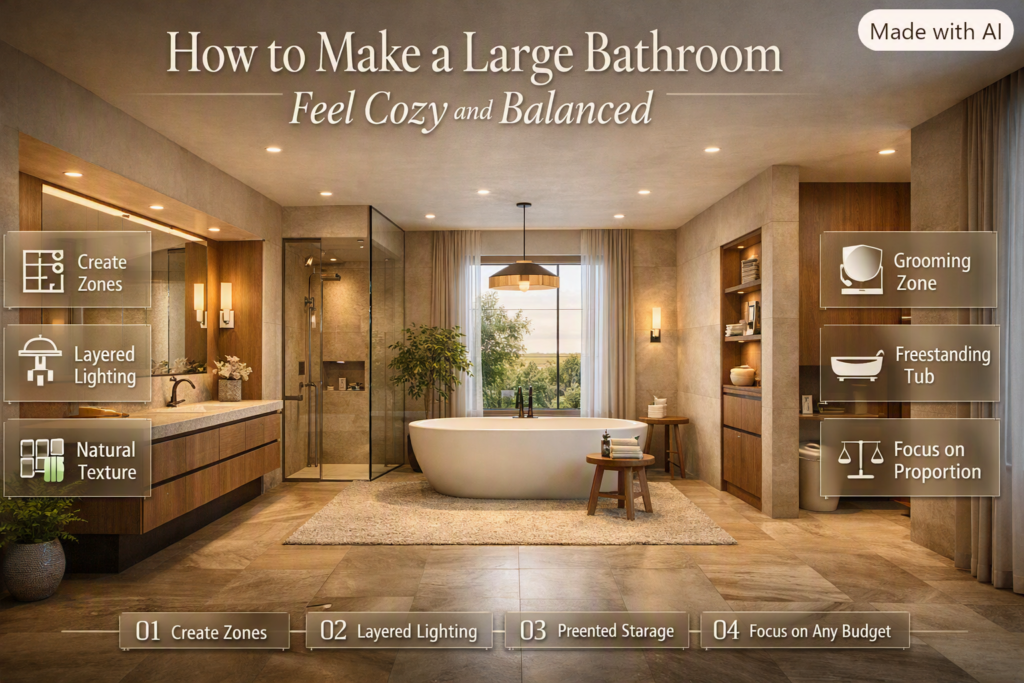 Large cozy bathroom with defined zones, a freestanding bathtub, layered lighting, natural textures, and a spacious vanity.