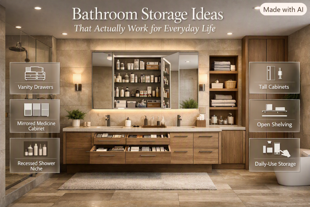 Smart bathroom storage with vanity drawers, mirrored cabinets, shower niches, tall cabinets, and organized open shelving.