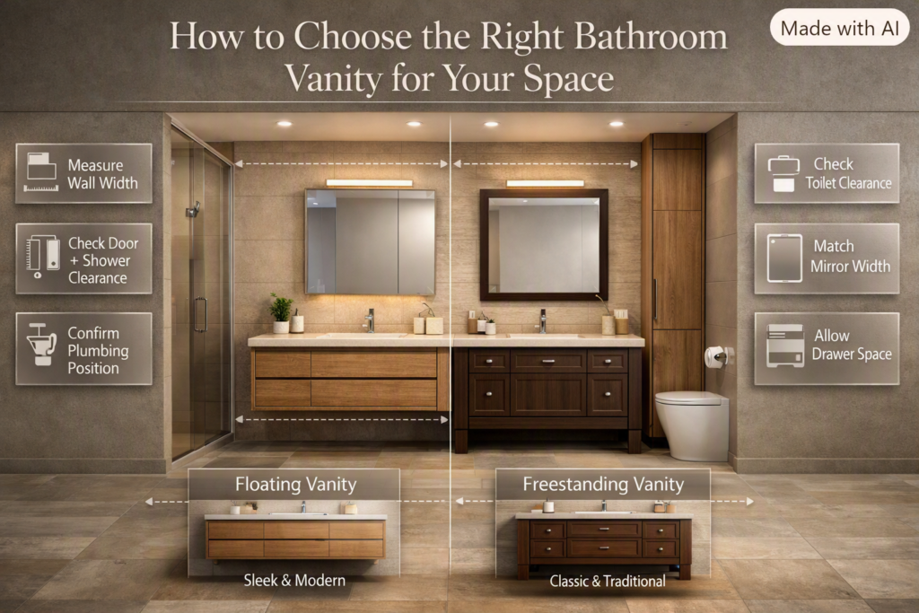 Bathroom vanity guide comparing floating and freestanding vanities with room measurements, storage, clearance, and style considerations.