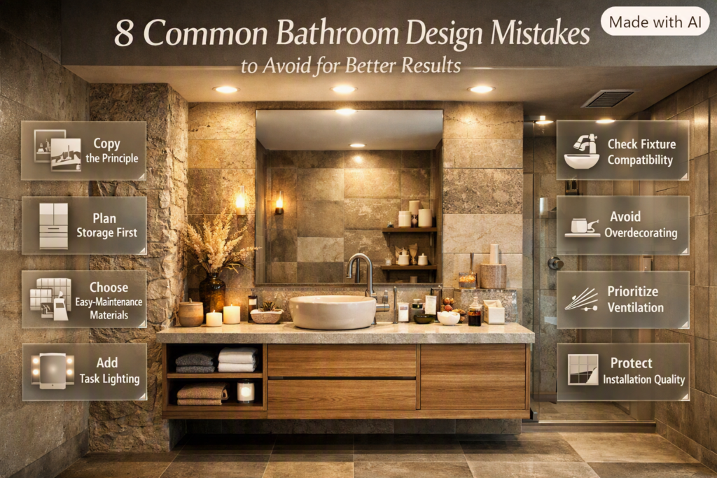 Bathroom design mistakes including poor storage, weak lighting, bad ventilation, unsuitable materials, overdecorating, and poor installation.