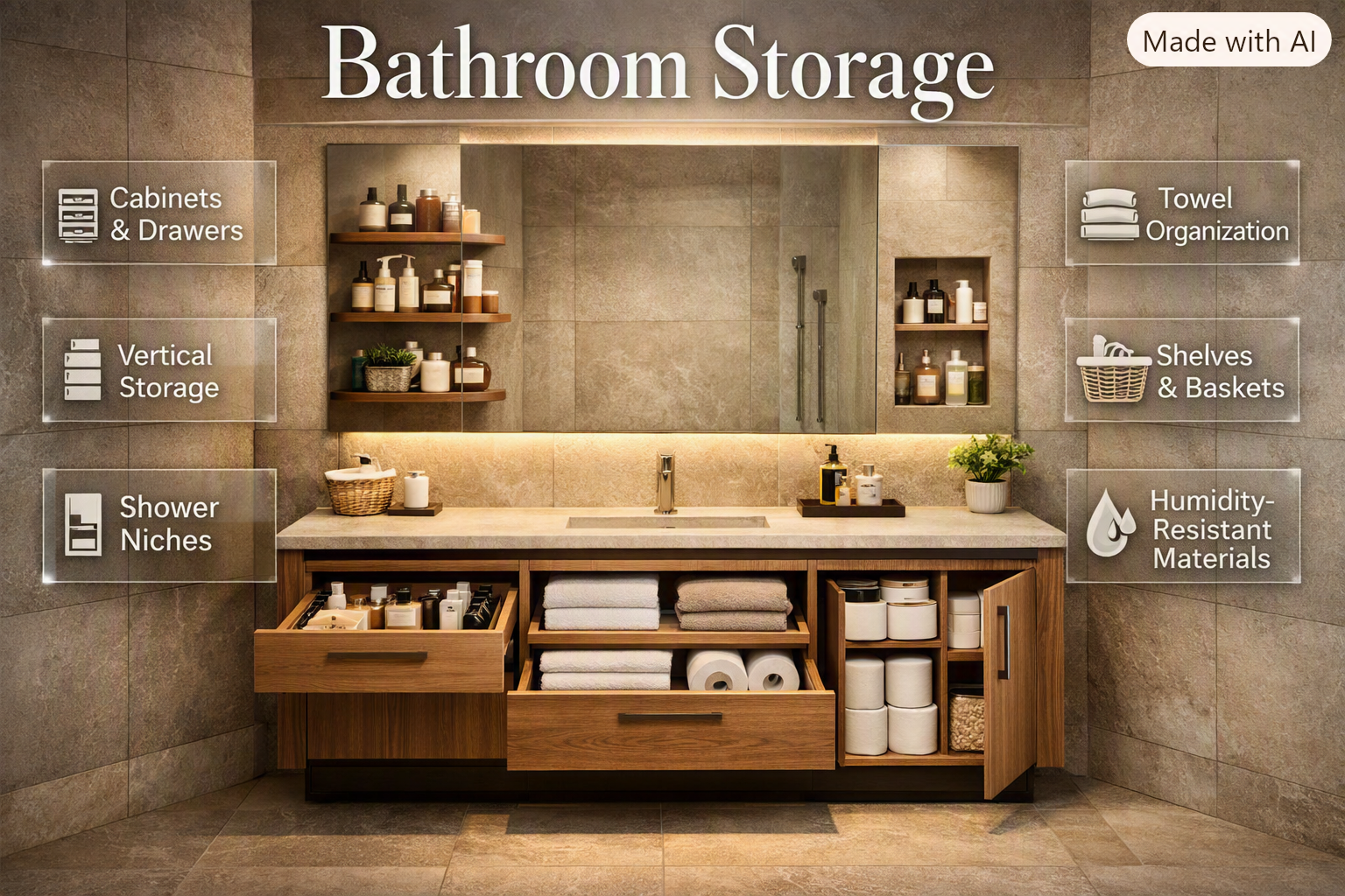 Modern bathroom storage with cabinets, shelves, baskets, drawers, and organized toiletries in a clean premium interior.