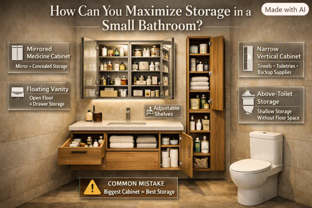 Small bathroom with vertical cabinets, mirrored storage, floating vanity, shelves, and smart space-saving organization solutions.