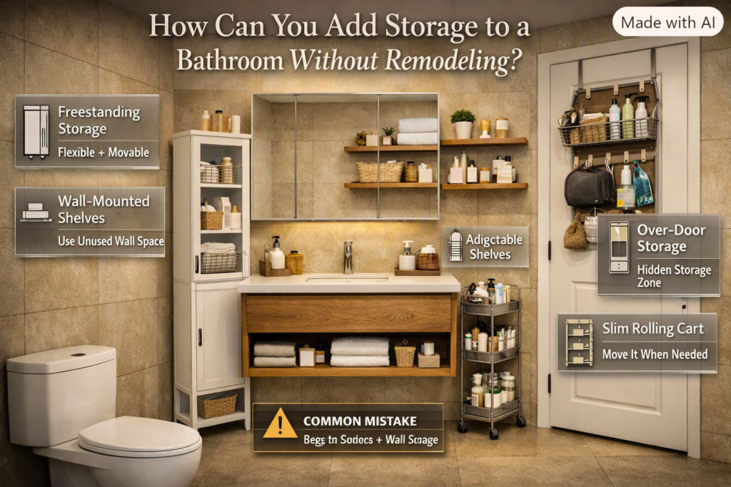 Bathroom storage without remodeling using freestanding cabinets, floating shelves, over-door organizers, baskets, hooks, and slim carts.