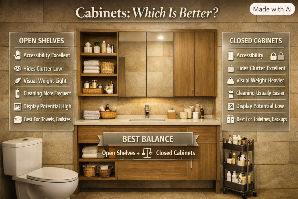 Bathroom comparison showing open shelves and closed cabinets for towels, baskets, toiletries, clutter control, and easy accessibility.
