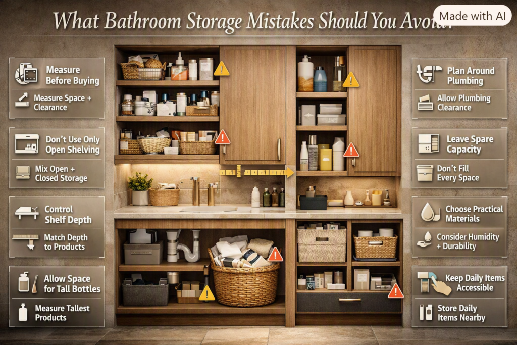 Bathroom storage mistakes including poor measurements, deep shelves, cluttered open shelving, plumbing issues, and difficult item placement.