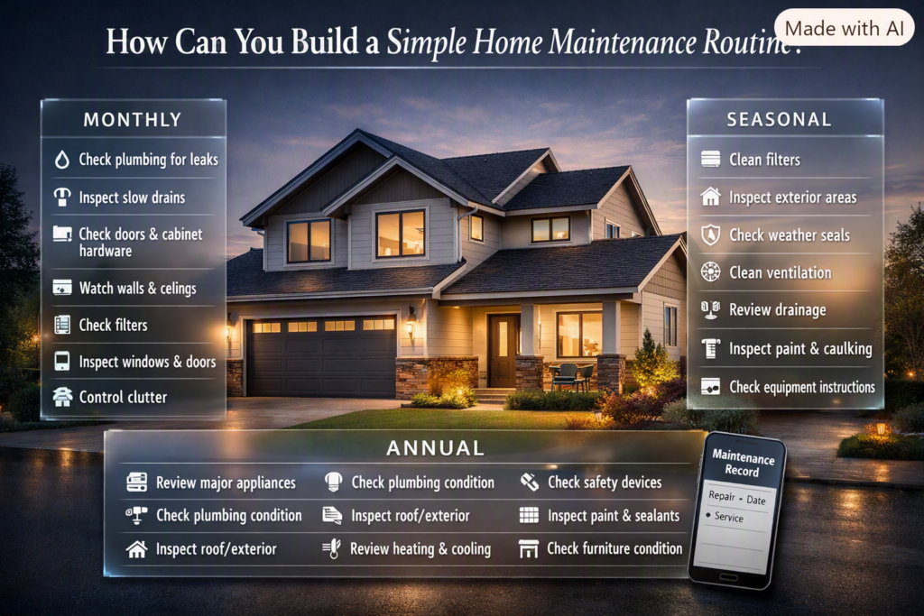 Simple home maintenance routine with monthly, seasonal, and annual home care tasks shown in a premium infographic.