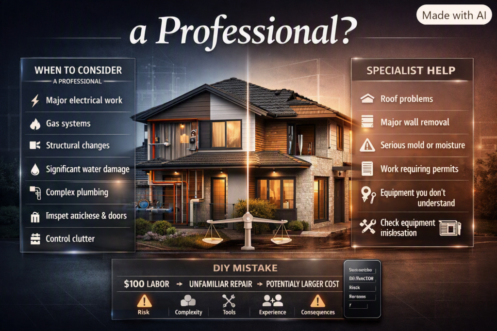 Professional home repair guidance showing when electrical, gas, structural, plumbing, roof, and mold issues need expert help.