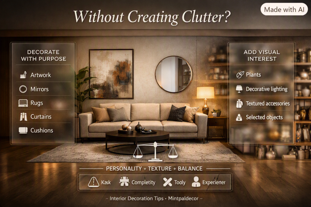 Stylish clutter-free home decor using artwork, mirrors, rugs, plants, lighting, and carefully selected accessories for balance.