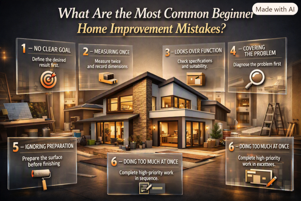 Seven beginner home improvement mistakes, from poor planning and measuring to product selection, preparation, and copying designs.