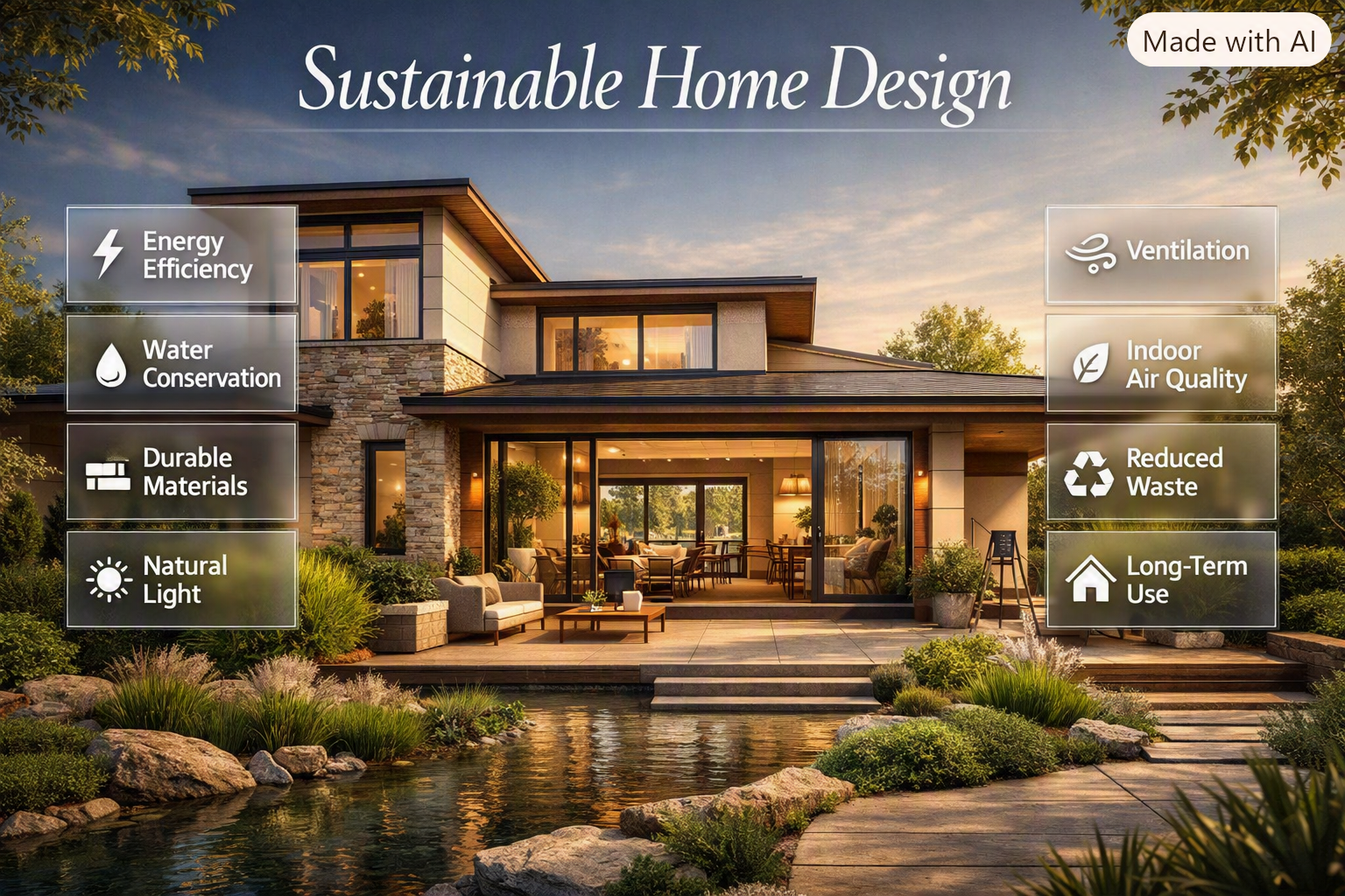 Sustainable home design featuring energy efficiency, natural light, water saving, durable materials, and healthy indoor living.Sustainable Home Design: Eco-Friendly and Energy-Efficient Ideas