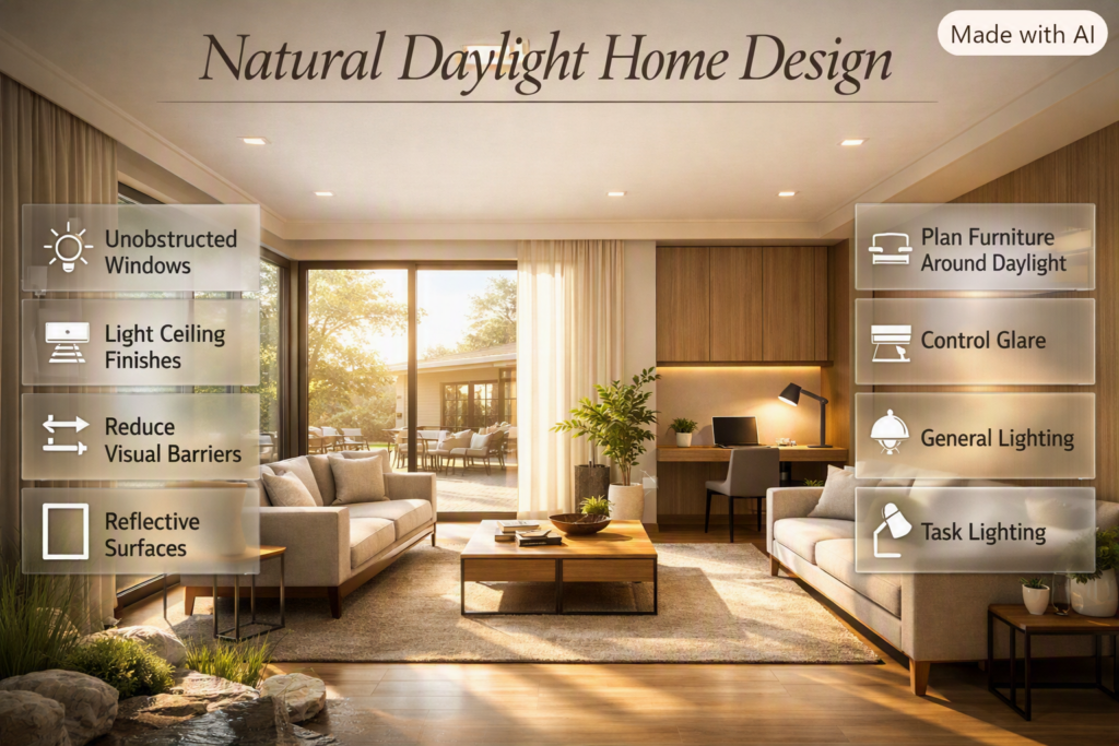Natural daylight home design showing unobstructed windows, reflective surfaces, smart furniture placement, and controlled glare.