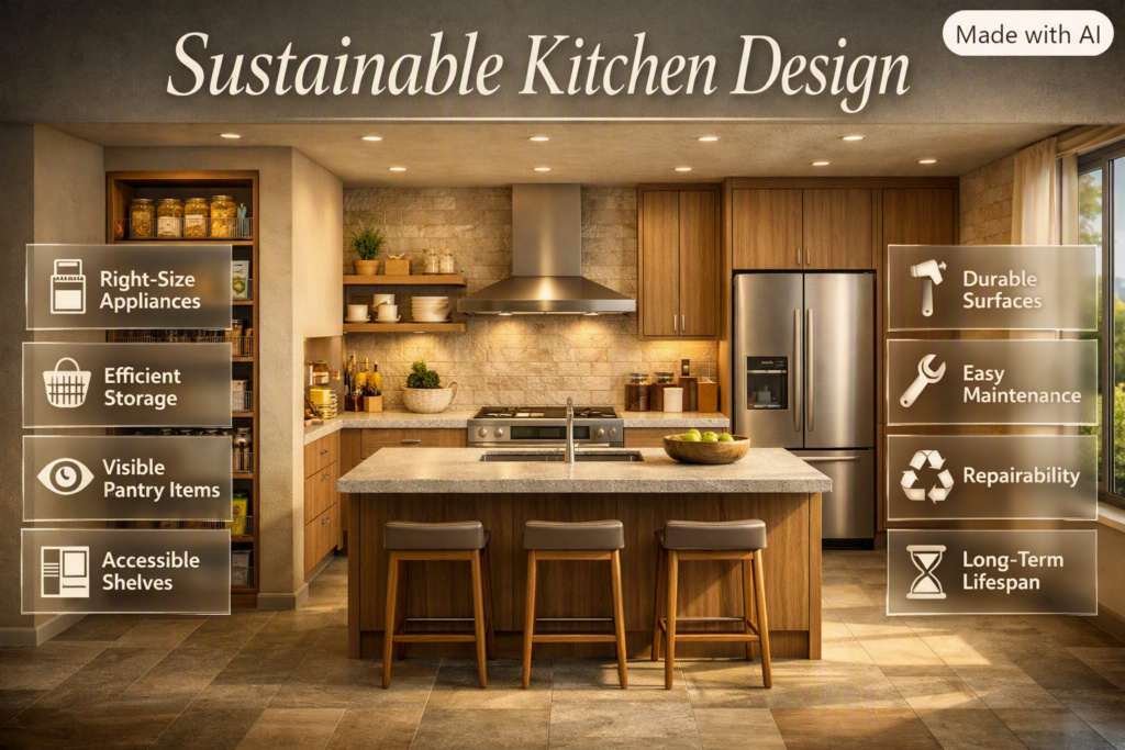 Sustainable kitchen design with appropriately sized appliances, organized storage, durable surfaces, and efficient long-term planning.