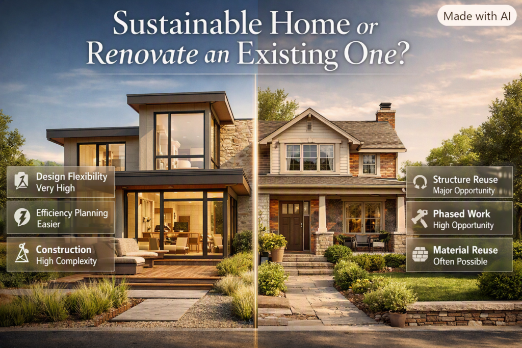 Sustainable home comparison showing new construction versus renovating an existing structure for efficient long-term design.