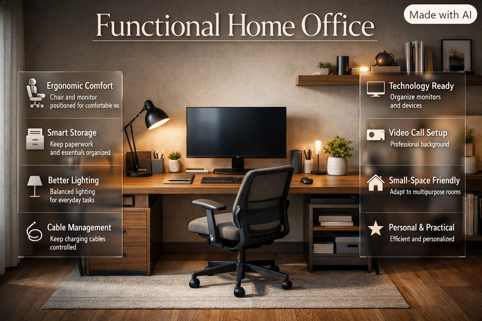 Functional home office with ergonomic desk, organized storage, smart lighting, cable management, and comfortable workspace design.Functional Home Office: Smart Workspace Design & Organization