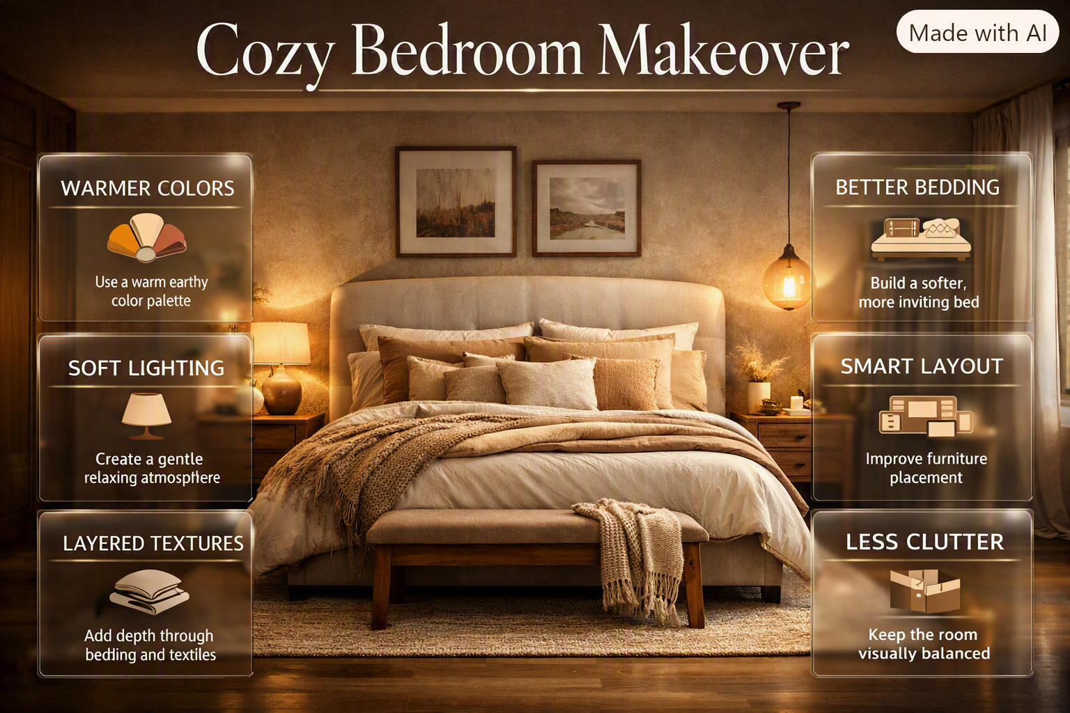 Cozy bedroom makeover featuring warm lighting, layered bedding, soft textures, calming colors, and clutter-free bedroom décor.Cozy Bedroom Makeover Ideas for a Warm, Relaxing Space