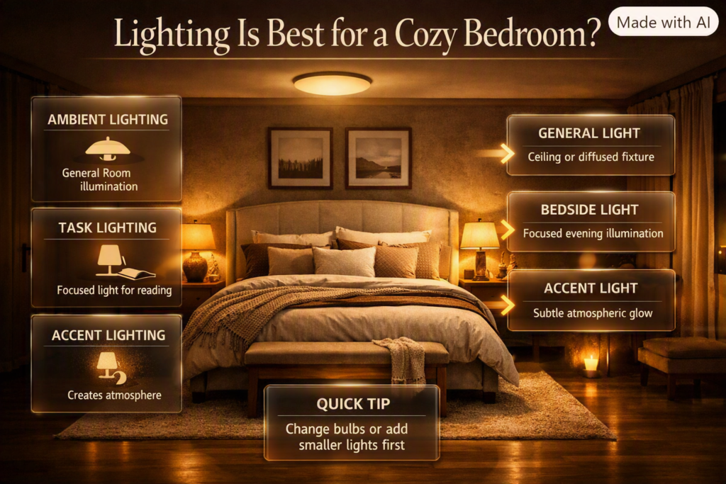 Layered bedroom lighting with ambient ceiling light, bedside task lamp, and soft accent lighting for a cozy evening atmosphere.