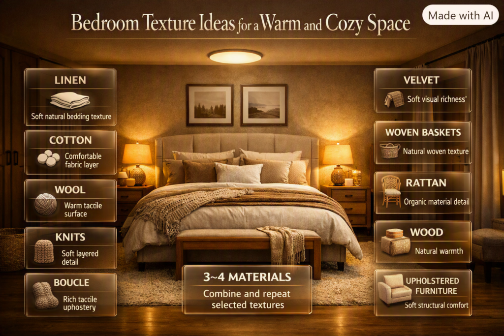 Cozy bedroom featuring linen bedding, knitted throw, wool rug, wood furniture, soft curtains, and warm lamps for visual comfort.