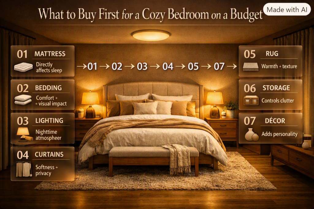 Cozy bedroom budget priorities showing mattress, bedding, lighting, curtains, rug, storage, and décor in practical purchase order.
