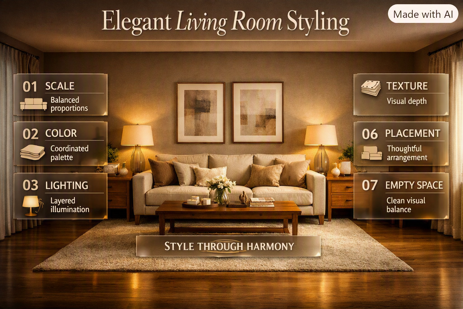 Elegant living room styling with balanced furniture, layered lighting, refined textures, coordinated colors, and sophisticated modern décor.Elegant Living Room Styling Ideas for a Sophisticated Home