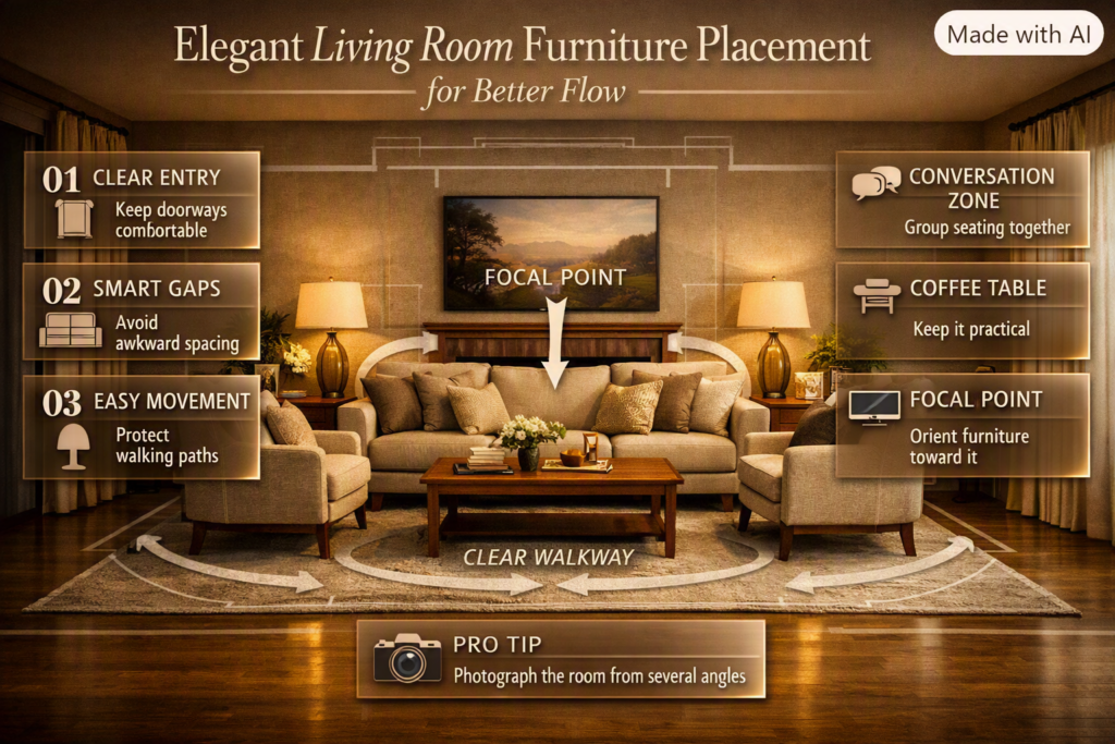 Elegant living room furniture placement showing a sofa, chairs, coffee table, focal point, conversation zone, and clear walkway.