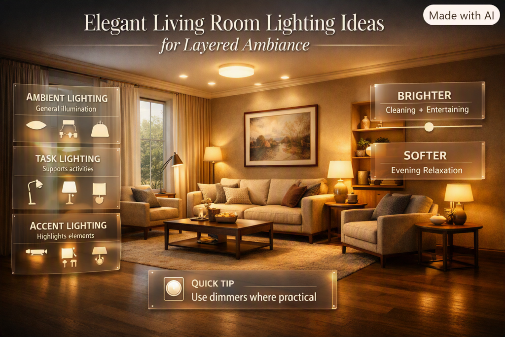 Elegant living room with layered ambient, task, and accent lighting creating flexible brightness and a warm evening atmosphere.
