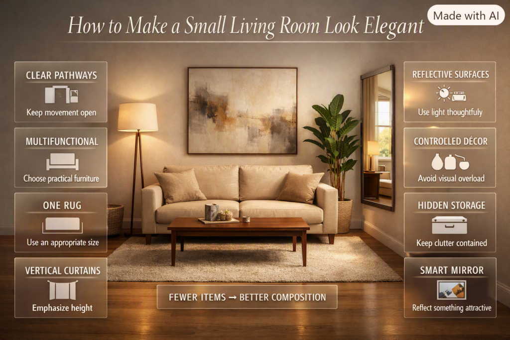 Elegant small living room with a beige sofa, textured rug, walnut table, full-length curtains, mirror, artwork, and hidden storage.
