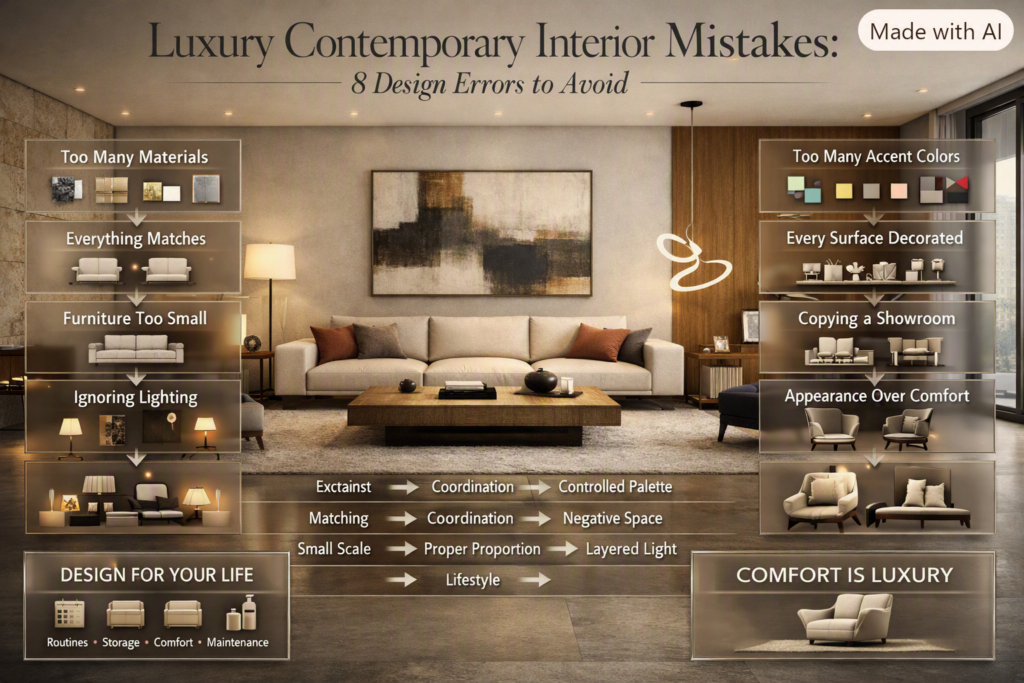 Luxury contemporary interior infographic showing eight mistakes involving materials, scale, lighting, colors, clutter, lifestyle, and comfort.