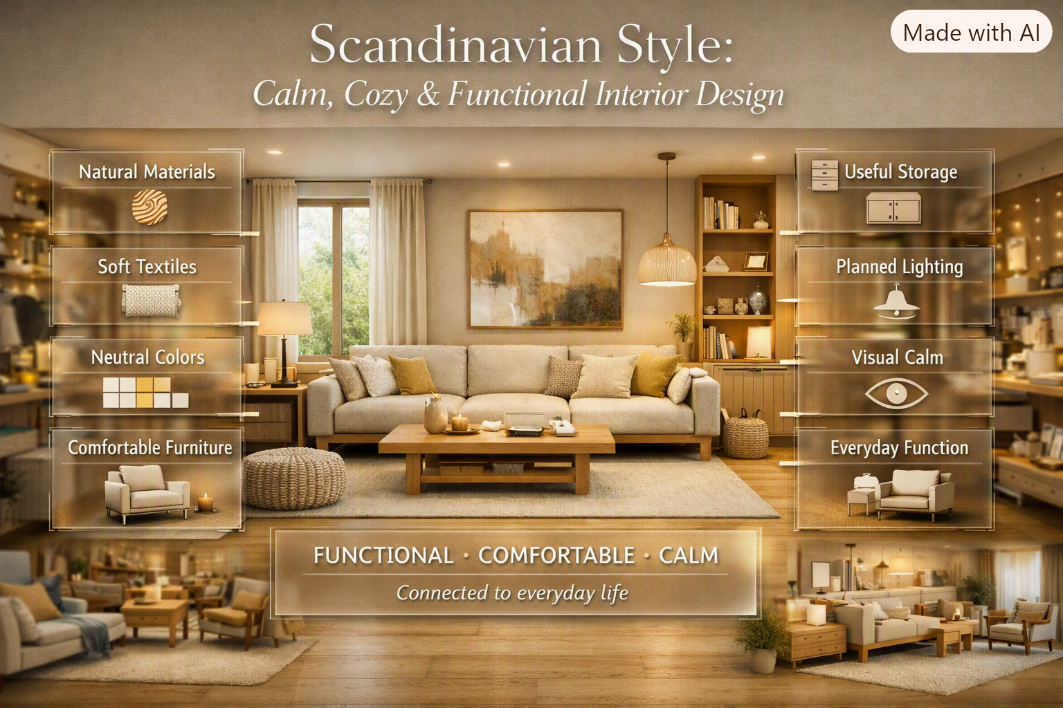 Scandinavian style interior with natural wood, soft textiles, neutral colors, comfortable furniture, smart storage, and warm lighting.