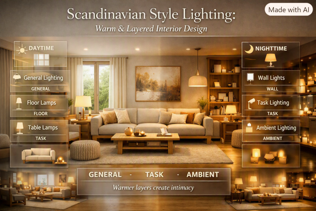 Scandinavian style interior with natural daylight, layered ceiling, floor, table, wall, task, and warm ambient lighting.