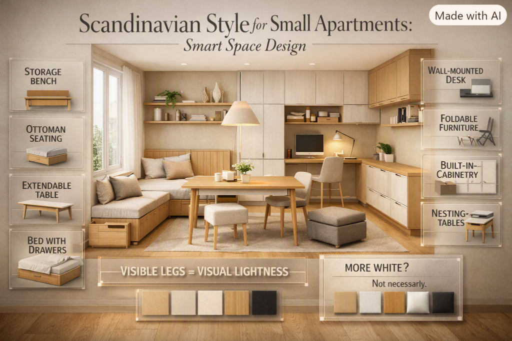 Scandinavian small apartment with multifunctional furniture, natural wood, warm neutrals, visible flooring, and smart storage solutions.