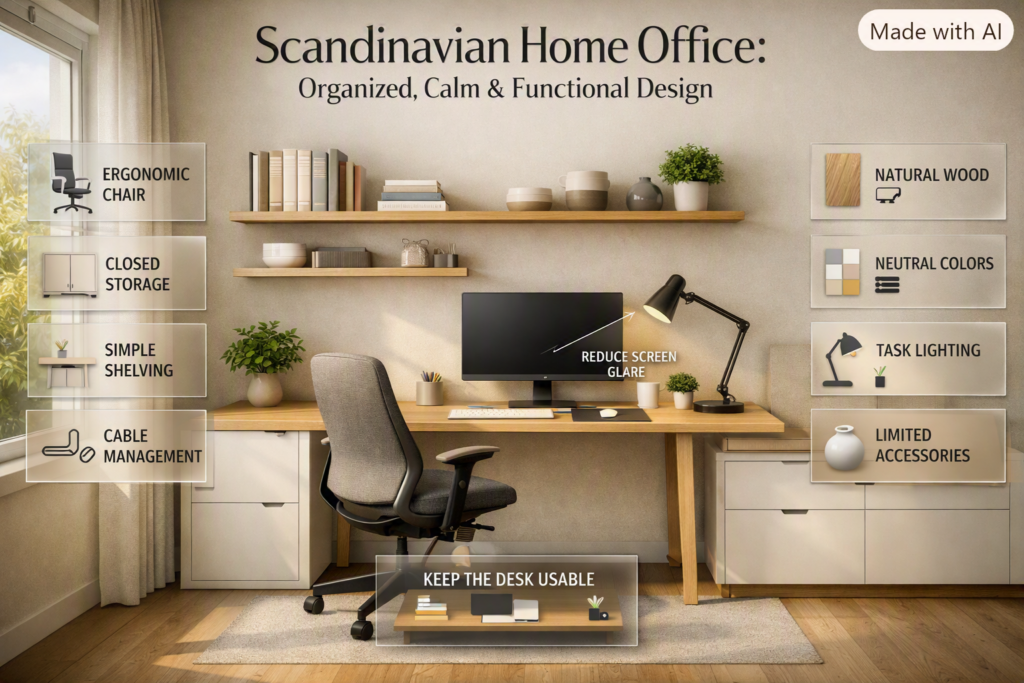 Scandinavian home office with ergonomic chair, natural wood desk, closed storage, cable management, daylight, and task lighting.