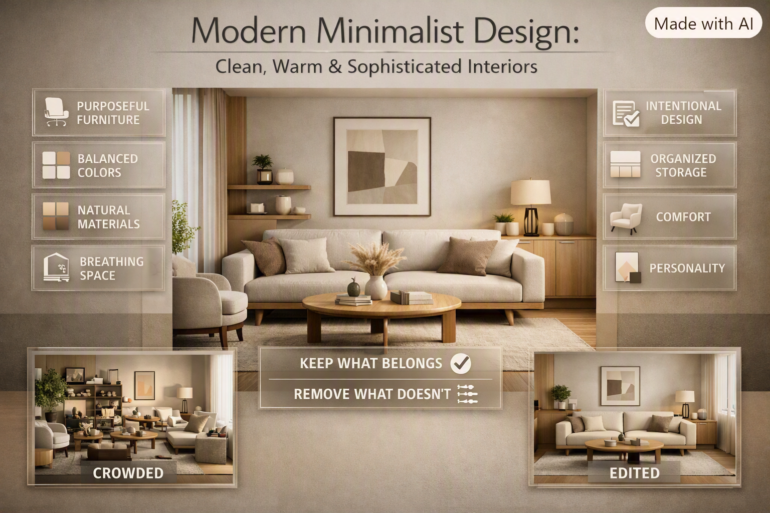 Modern minimalist interior with carefully selected furniture, balanced colors, natural materials, organized storage, and generous breathing space.Modern Minimalist Design: Clean, Warm & Sophisticated Interiors