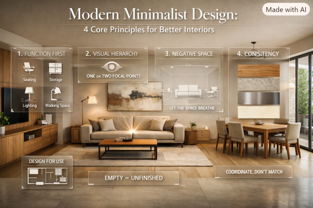 Modern minimalist interior showing function, visual hierarchy, negative space, and consistent materials across a sophisticated living space.