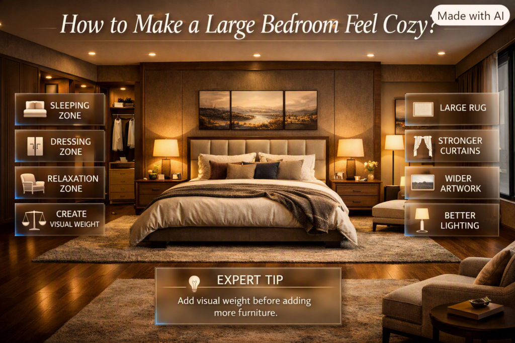Large bedroom cozy design with defined sleeping, dressing, and relaxation zones, layered lighting, rugs, artwork, and balanced furniture.