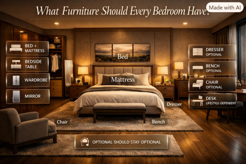 Essential bedroom furniture including a bed, mattress, bedside table, wardrobe, mirror, dresser, chair, bench, and desk.