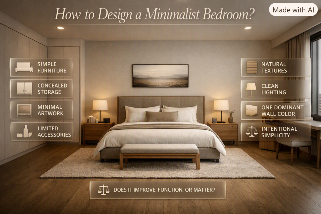 Minimalist bedroom design with simple furniture, concealed storage, natural textures, clean lighting, minimal artwork, and limited accessories.