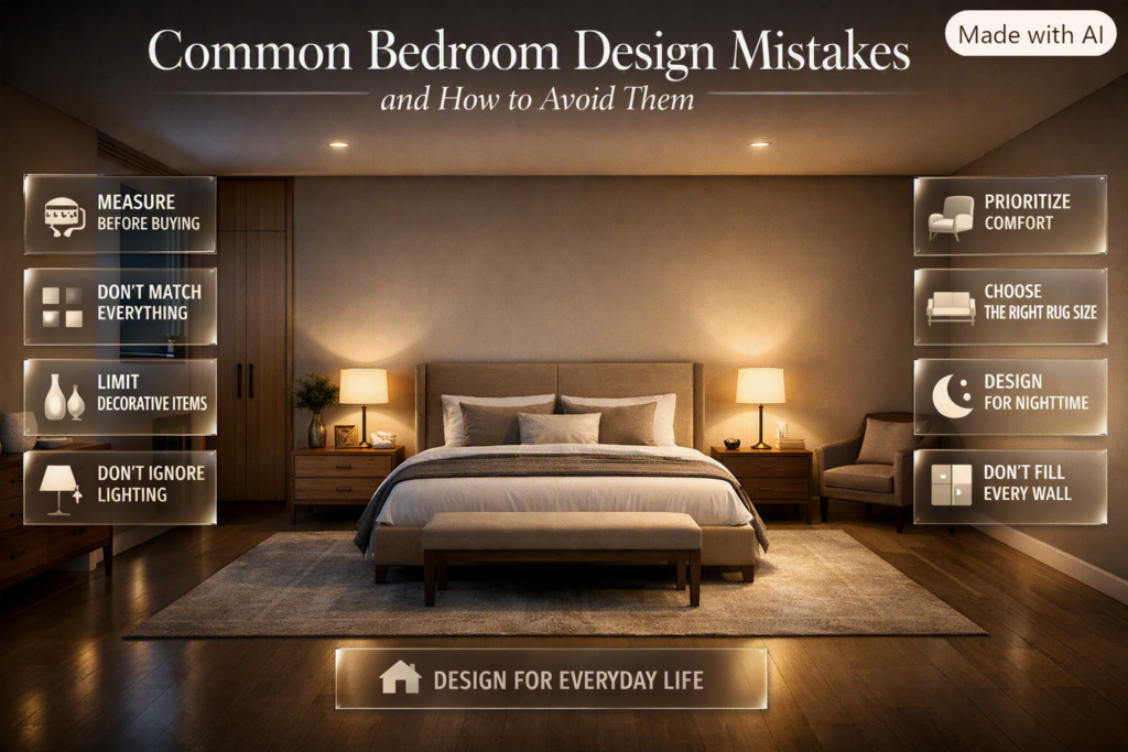 Bedroom design mistakes including poor measurements, excessive decor, inadequate lighting, small rugs, matching furniture, and ignored comfort.