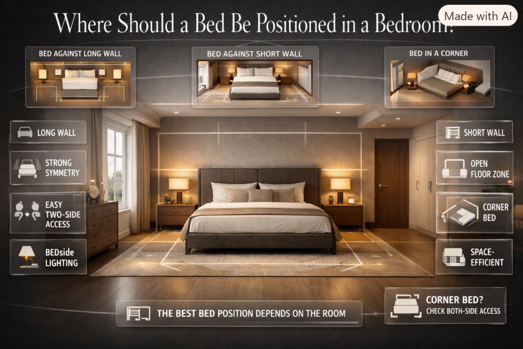 Bedroom bed placement ideas showing long-wall, short-wall, and corner positions for different room sizes and layouts.