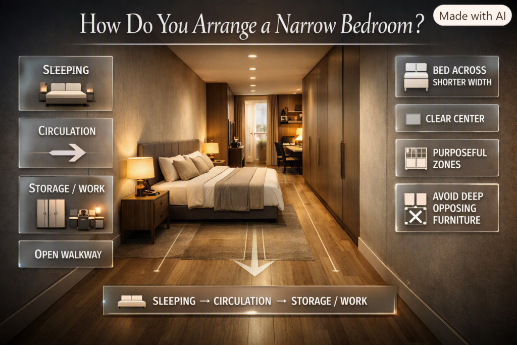 Narrow bedroom layout with bed, clear walkway, wardrobe, desk, and organized zones that reduce a cramped corridor-like feeling.