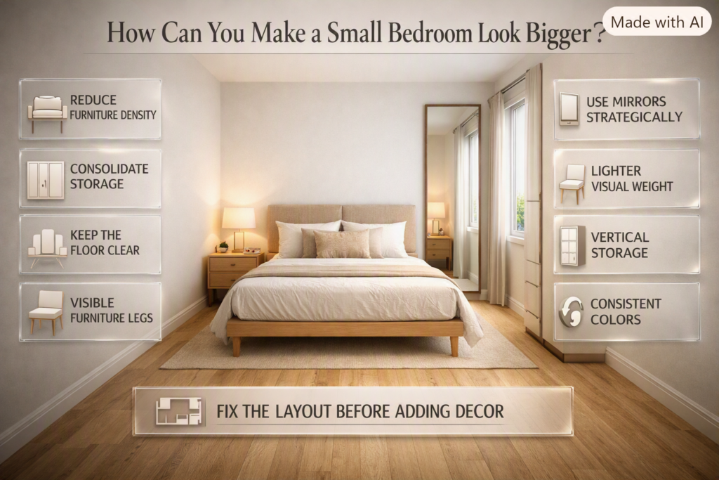 Small bedroom design ideas using clear floors, scaled furniture, vertical storage, visible legs, consistent colors, and strategic mirrors.