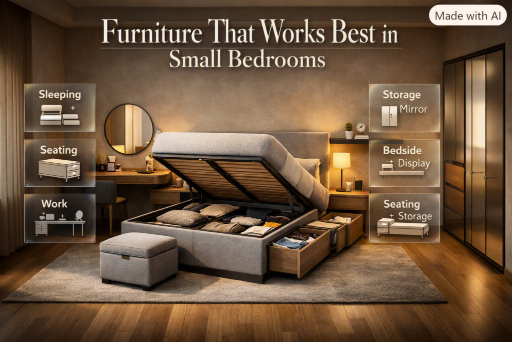 Multifunctional small bedroom furniture including a storage bed, floating desk, mirror wardrobe, shelves, and storage bench.